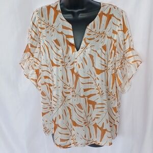 Renuar Short Flutter Sleeve Oversized Tunic, Cream & Nutmeg, size S, lined